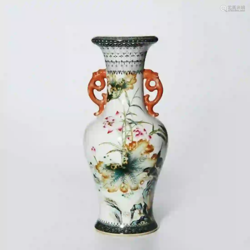 A Famille Rose Lotus Pattern Porcelain Double Ears Vase