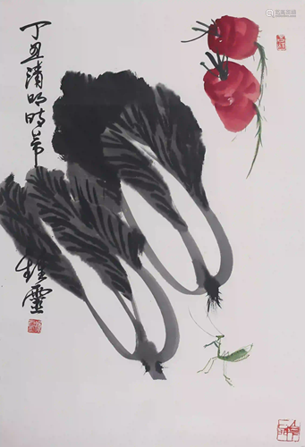 A Chinese Vegetables Painting, Zhong Lingqing Mark