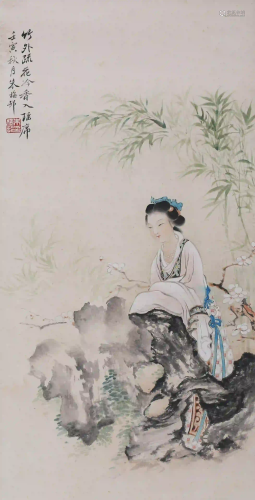 A Chinese Figure&Flowers Painting, Zhu Meicun Mark