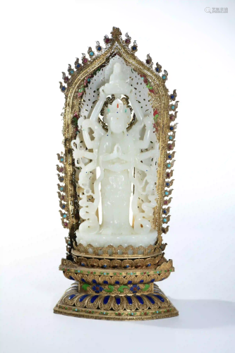 A White Jade Carved Statue of Thousand-Hand Kwan-yin