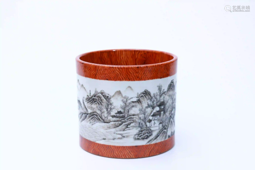A Wood Grain Glaze Grisaille Landscape Porcelain Brush