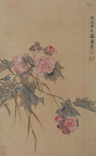 A Chinese Flowers Painting Silk Scroll, Mei Lanfang
