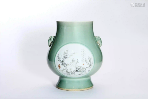 A Pea Green Glaze Grisaille Floral Porcelain Trunk Ears