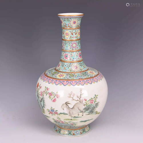 A Famille Rose Flower and Goat Porcelain Vase