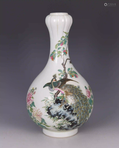 A Famille Rose Peacock Porcelain Vase