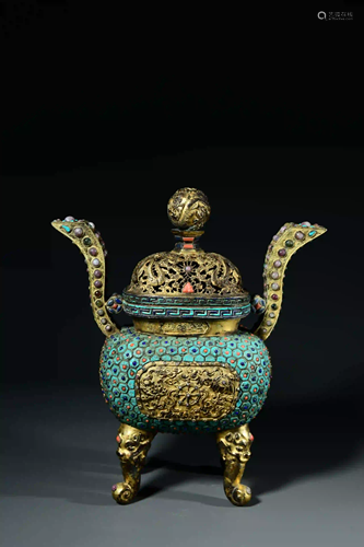 A Turquoise-inlaid Copper Incense Burner