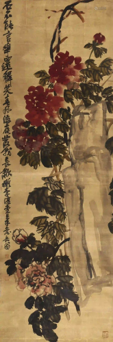 A Chinese Flower-and-plant Golden Silk Scroll Painting,