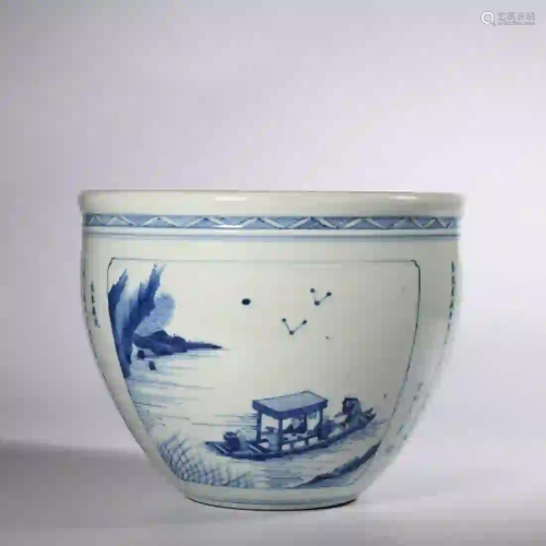 An Inscribed Blue and White Landscape Porcelain Vat