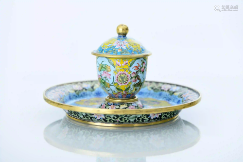 A Set of Copper Enamel Covered Cup and Saucer