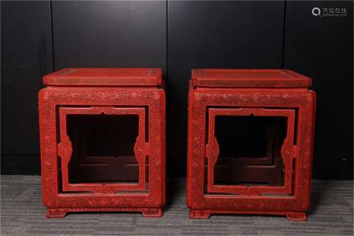 A Pair of Chinese Carved Tixi Lacquer Flower Stands