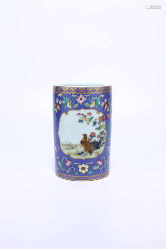 chinese blue glazed famille rose porcelain brush pot