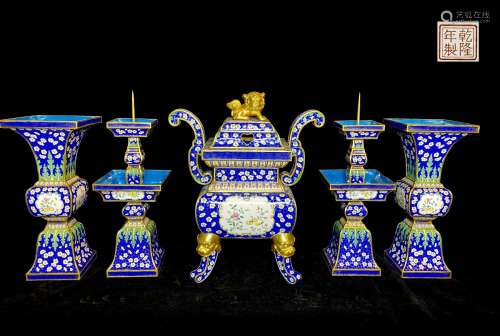chinese gilt-bronze enamelled five tribute vessels