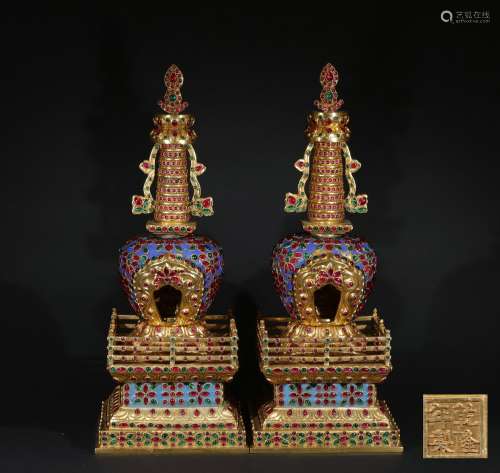 chinese gilt bronze dagoba inlaid with gems