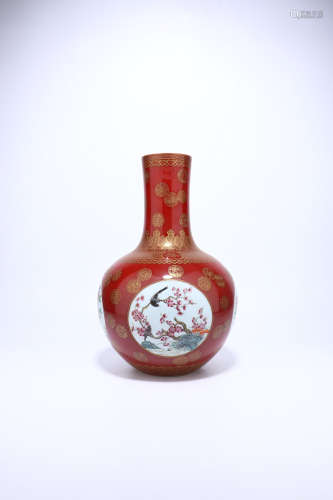 chinese red glazed famille rose porcelain globular vase