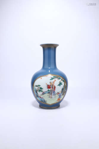 chinese blue glazed famille rose porcelain vase with framed design