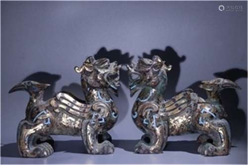 A Pair of Chinese Bronze Decorations with Gold and Silver Inlaid