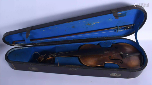 A CASED TWO PIECE BACK VIOLIN with bow. 58 cm long. (2)