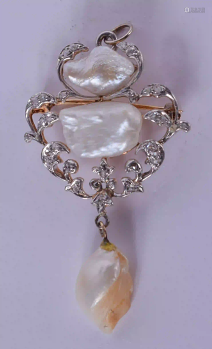 AN ANTIQUE GOLD DIAMOND AND BAROQUE PEARL BROOCH. 10