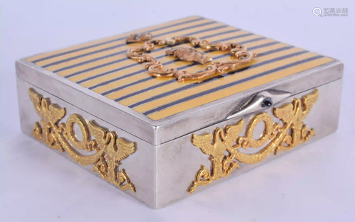 A CONTINENTAL TIGERS EYE ENAMELLED SILVER BOX decorated