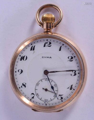 A 9CT GOLD CYMA POCKET WATCH. 4.5 cm diameter. 69