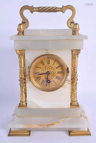 AN ANTIQUE MARBLE AND BRONZE MANTEL CLOCK with column