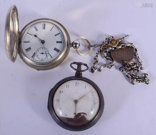 TWO ANTIQUE SILVER POCKET WATCHES. 5 cm diameter. (2)