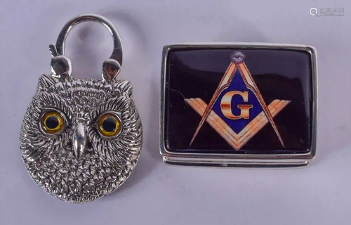 A SILVER CAT PADLOCK and a silver masonic box. Largest