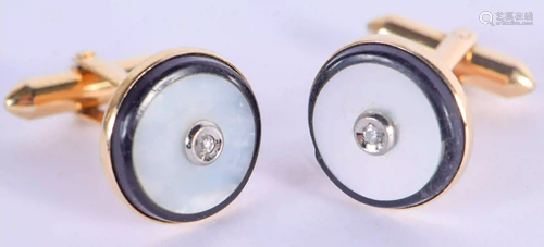 A PAIR OF 14CT GOLD ENAMEL AND DIAMOND CUFFLINKS. 8