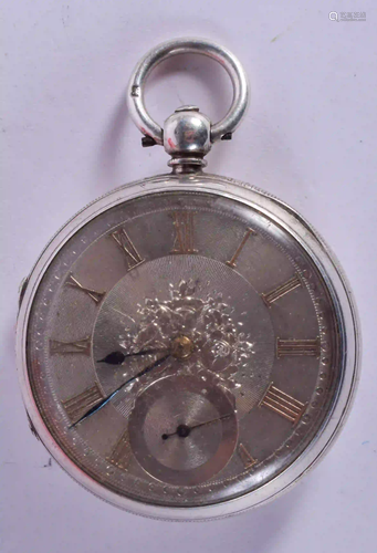 AN ANTIQUE SILVER POCKET WATCH. 5.25 cm diameter.