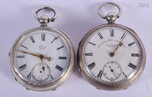 TWO ANTIQUE SILVER POCKET WATCHES. 4.75 cm diameter.