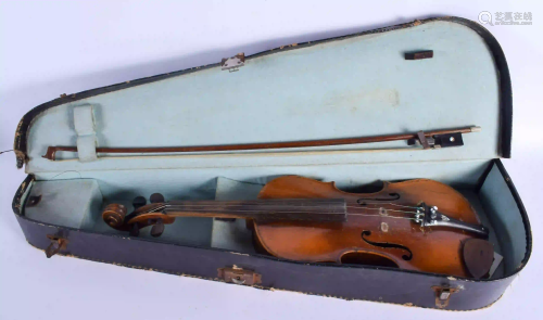 A SINGLE PIECE BACK VIOLIN with bow. 57 cm long. (2)