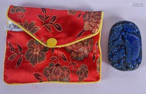 A CHINESE LAPIS PLAQUE within a purse. 5.5 cm x 3.5 cm.