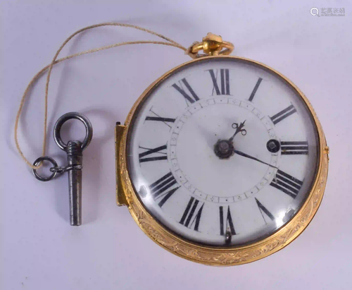 AN 18TH CENTURY FRENCH GILT METAL ONION POCKET WATCH.