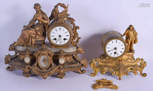 TWO 19TH CENTURY FRENCH GILT METAL MANTEL CLOCKS.