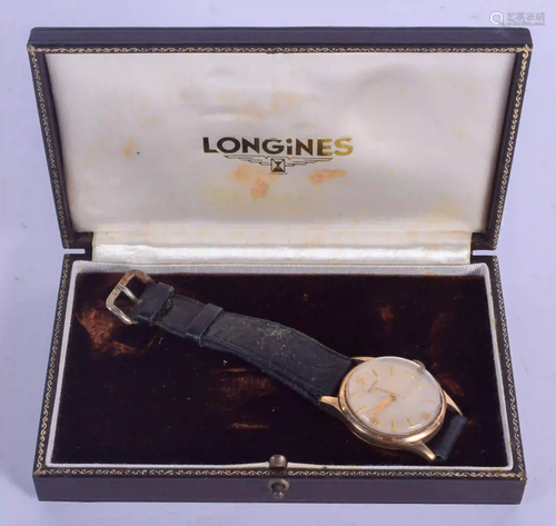 A BOXED 9CT GOLD LONGINES WRISTWATCH. 3.25 cm …