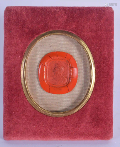 AN ANTIQUE VELVET CASED WAX SEAL depicting an emperor.