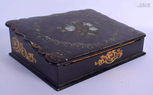 A VICTORIAN PAPER MACHE BLACK LACQUER DESK BOX. 27 cm x