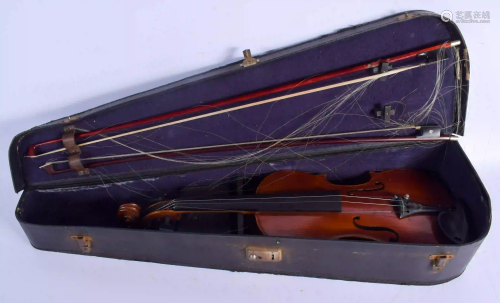 A TWO PIECE BACK VIOLIN with two bows. 58 cm long. (3)