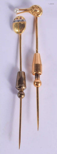 TWO ANTIQUE GOLD STICK PINS. 7 grams. 7 cm long. (2)