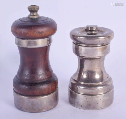 TWO SILVER MOUNTED PEPPER MILLS. Largest 10.5 cm high.