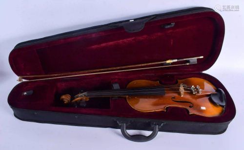 A TWO PIECE BACK VIOLIN with bow. 58 cm long. (2)