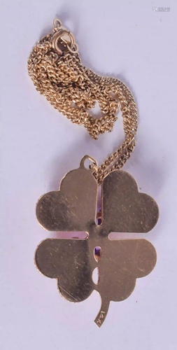 A 14CT GOLD AMETHYST SHAMROCK NECKLACE. 9 grams. 3…