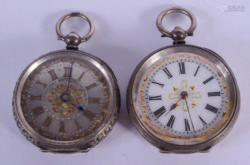 TWO ANTIQUE SILVER FOB WATCHES. 2.5 cm wide. (2)