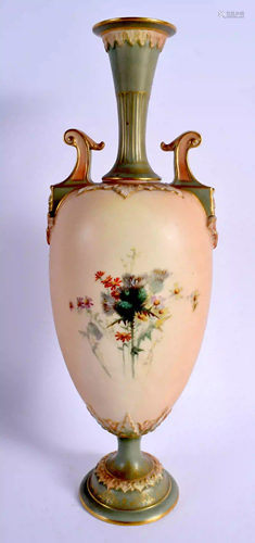 A ROYAL WORCESTER LARGE TWO HANDLED VASE painted with