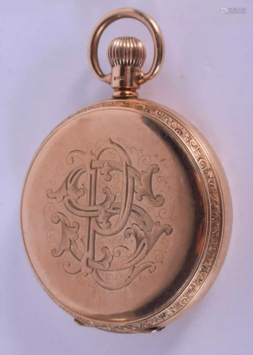 A 9CT GOLD FULL HUNTER WALTHAM POCKET WATCH. 92 grams