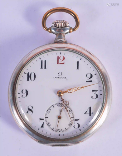 AN OMEGA SILVER POCKET WATCH. 5 cm diameter.