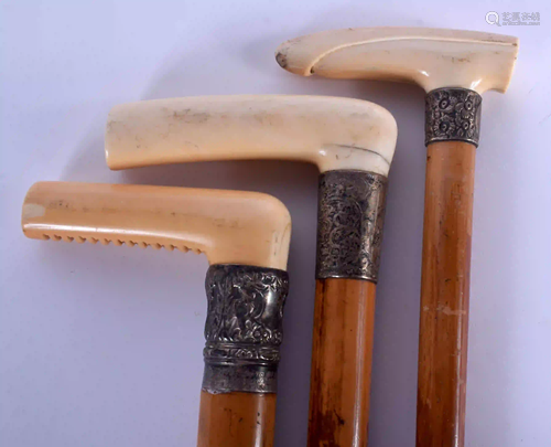 THREE 19TH CENTURY INDIAN CARVED BONE CANES. 88 cm