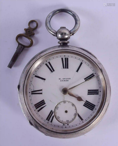 AN ANTIQUE SILVER STONE OF LEEDS POCKET WATCH. 5.5 cm