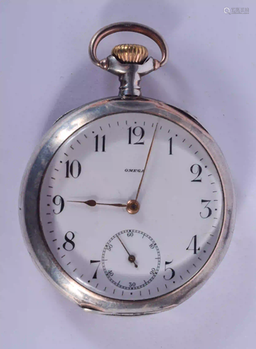 AN OMEGA SILVER POCKET WATCH. 5 cm diameter.