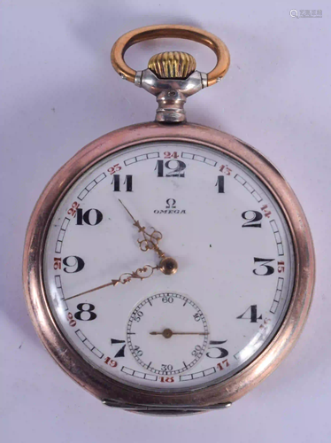 AN OMEGA SILVER POCKET WATCH. 5 cm diameter.